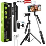 R16S 1.7M Extendable Selfie Stick with Tripod Stand, Adjustable Grip Handle, Wireless Bluetooth, Rechargeable LED Light, and USB Charging - Perfect for Mobile Photography, Video Recording, Vlogging, and Live Streaming with Enhanced Stability