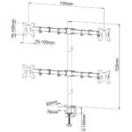 Heavy duty quad monitor desk mount stand holding four screens, black metal finish with adjustable arms and C-clamp base.