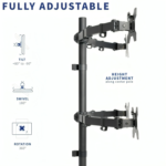 Technical diagram showing the tilt, swivel, and rotation adjustment ranges of the fully adjustable monitor arms.
