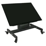 Black metal TV trolley on four lockable wheels featuring a tilted panel and central support for meetings.