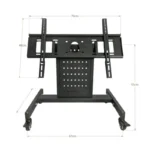 Black heavy duty TV cart with dimension labels showing a sturdy metal frame, perforated structure, and wheels.