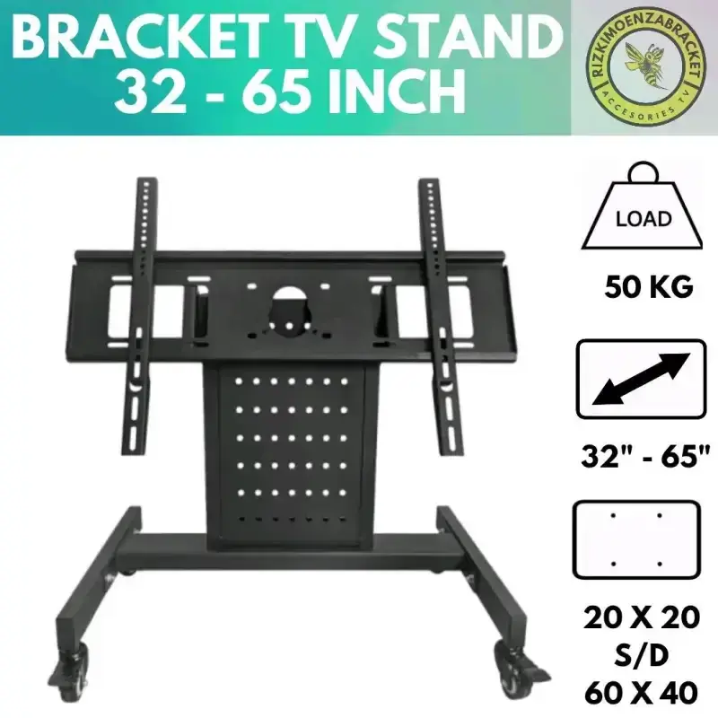 Black mobile TV stand trolley supporting 32 to 65 inch screens with 50kg load capacity and VESA mount.
