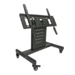 Black movable metal TV stand with multiple rollers and a simple industrial design for easy portability.