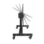 Black TV floor stand on a wheeled base with gray lines indicating tilt and rotation adjustability.