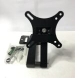 Black TV wall mount bracket with screws and installation kit on white table