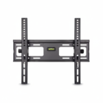 Black steel tilt TV wall mount bracket with a central bubble level and adjustment knobs, isolated on white background.