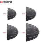 Triopo Softbox size comparison chart showing 60cm, 70cm, 90cm, and 120cm models
