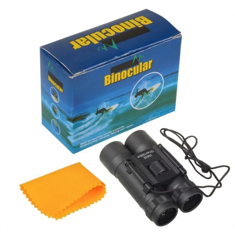 Mini Binoculars 10x25 in blue packaging box featuring a surf pattern, includes black binoculars with strap and orange cleaning cloth Mountain .