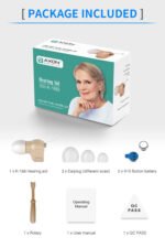 AXON K-188 Package contents showing hearing aid, earbuds, batteries, and manual included in Pakistan.