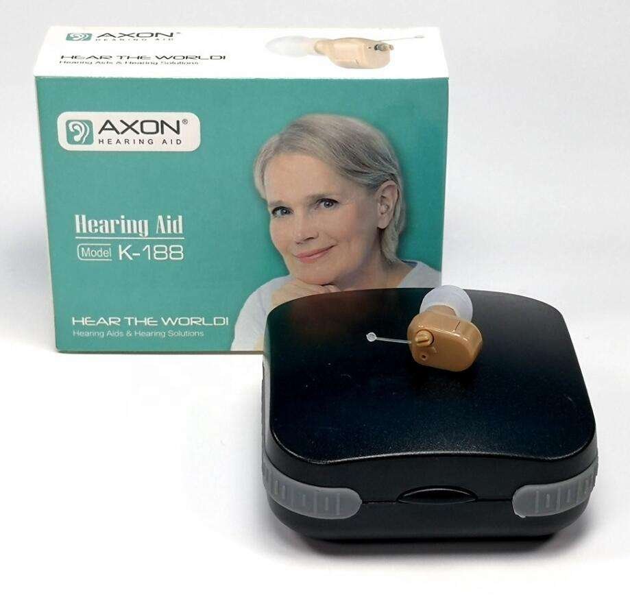 AXON K-188 Hearing Aid device displayed next to its branded packaging box.