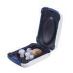 Open blue white AXON K-80 hearing aid storage box with device and ear tips inside