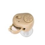 Close-up of the AXON K-86 hearing aid showing the on-off switch, volume adjustment knob, and open battery compartment.