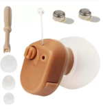 Close up of brown AXON hearing aid with silver batteries, screwdriver, and white ear tips.