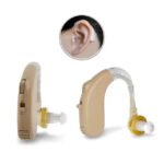 AXON hearing aid side view and wearing effect showing how it fits behind the ear.