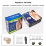 XB-101 Hearing Amplifier complete kit showing earbuds, button batteries, cleaning brush, and manual included in the box.