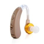 Front view of Axon V-163 clear sound amplifier with transparent ear hook, ON/OFF switch, and comfortable ear plug for old age people.