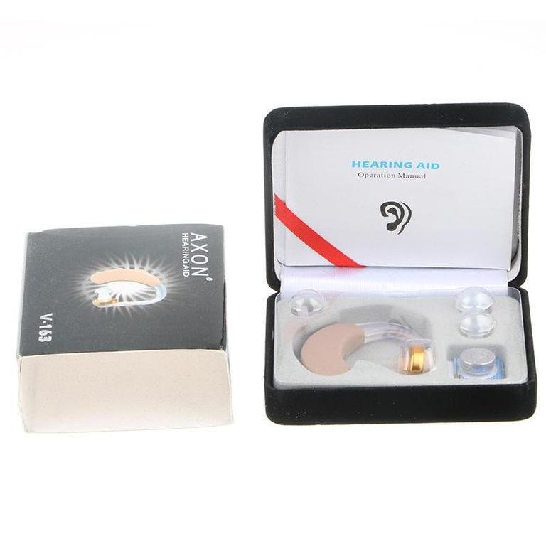 Axon V-163 hearing aid machine original box pack with operation manual and ear accessories delivered in Karachi Pakistan.