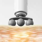 Medical schematic showing a three-head massage device working on skin layers and internal tissue structure.