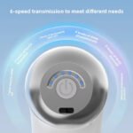 Close-up of a round massage device control panel displaying 6-speed transmission settings and therapy modes.