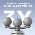 Three-head massage device mounted on a metal stand with text highlighting a different massage experience.