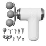 White handheld massager with three spherical massage heads and a collection of various shaped interchangeable accessories displayed below.