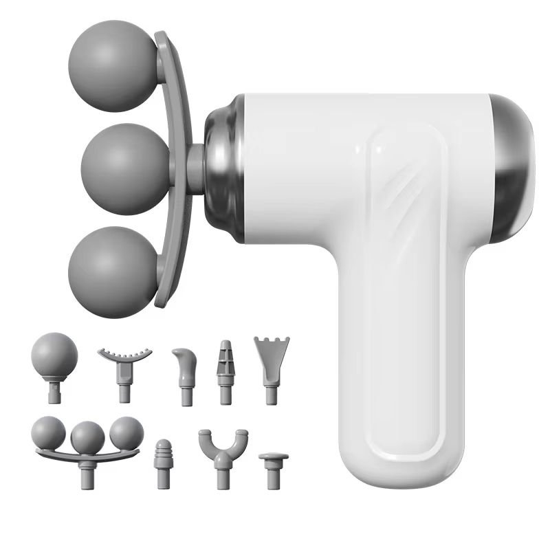 White handheld massager with three spherical massage heads and a collection of various shaped interchangeable accessories displayed below.