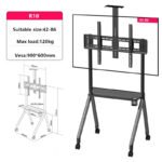 R10 TV Trolley Specifications infographic showing 42-86 inch screen compatibility, 120kg max load capacity, and 900x600mm VESA support.