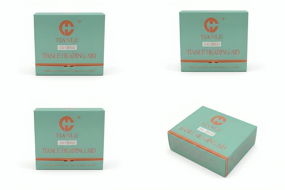 TIANLE HA-2000 digital hearing aid green packaging boxes displayed on white background