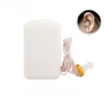 White pocket hearing aid earbud inserted in ear