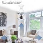 V380 Pro Camera showing 360° horizontal and 90° vertical rotation in a modern living room