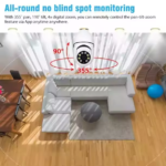 Living room view with V380 Pro Camera demonstrating 355° pan and 90° tilt control via App